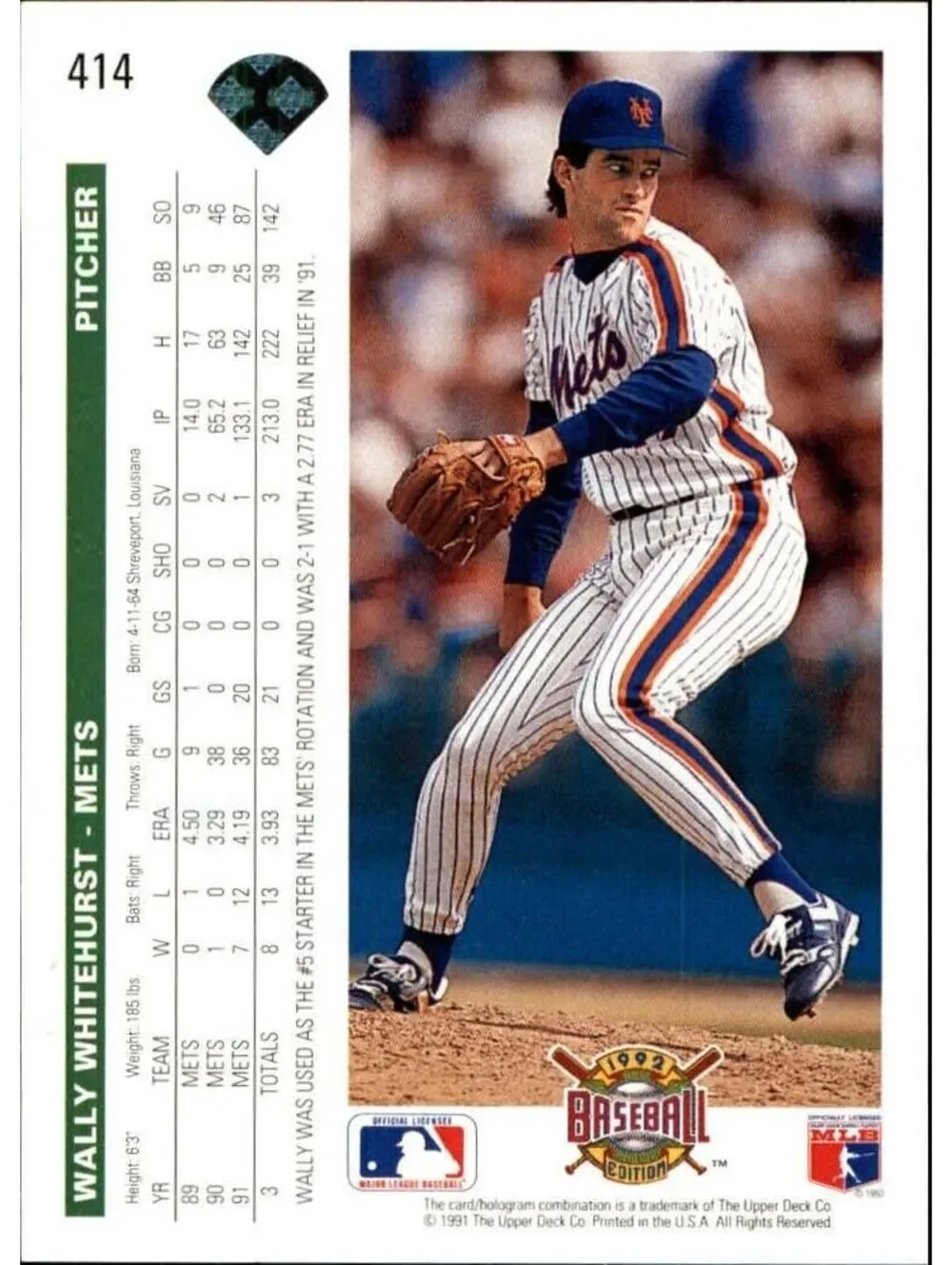 Wally Whitehurst 1992 Upper Deck MLB #414 Baseball Card New York Mets